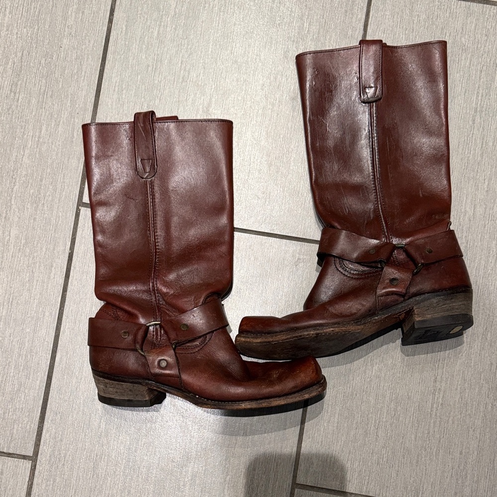 Women's Brown Leather Harness Moto Boots